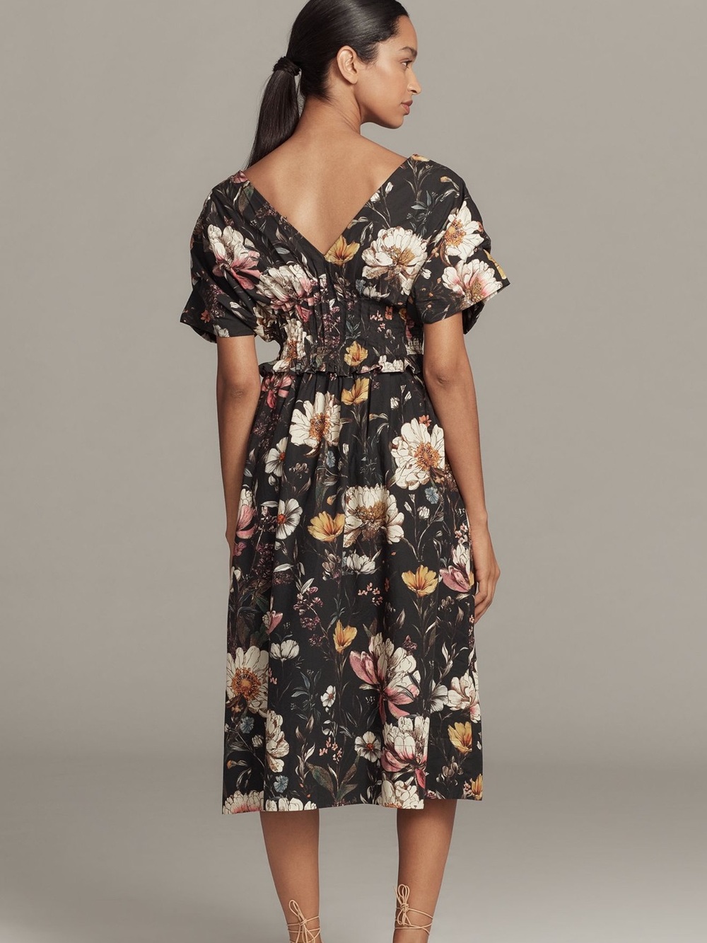 ANTHROPOLOGIE V-Neck Zip Front Midi Dress in Black Colorful Floral - Picture 11 of 13